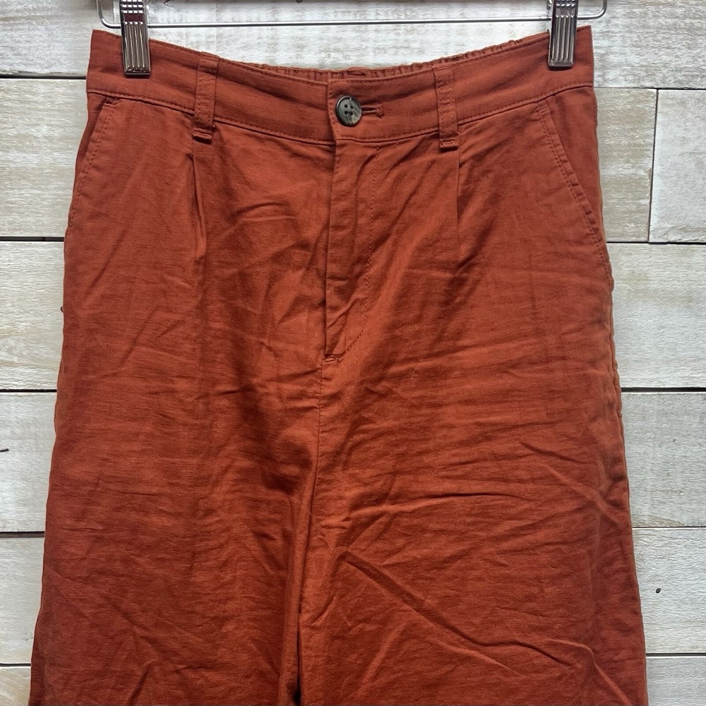 Uniqlo Linen Blend Pants Womens XS Brown Wide Leg Crop High Waist Beach Resort - Picture 3 of 11